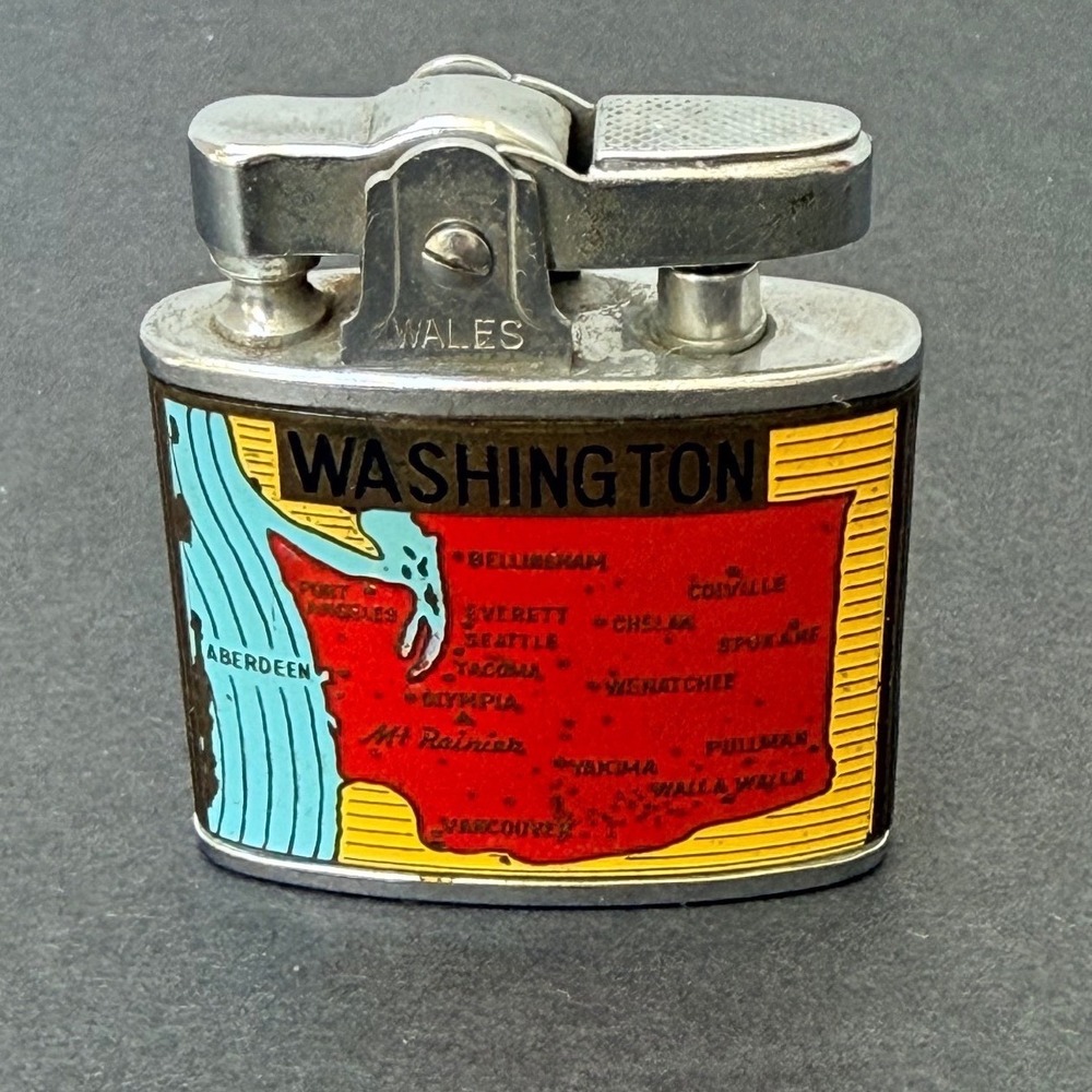 Vintage Wales Washington State Souvenir Lighter Map State Capitol Chrome